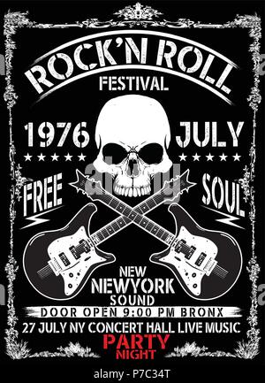 Disegnata a mano Rock Festival poster. Rock and Roll segno. Illustrazione Vettoriale