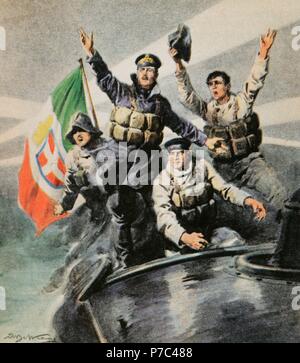 La prima guerra mondiale (1914-1918). L'Italiano addetto navale Luigi Rizzo (1887-1951) a bordo della torpediniera MAS-15 della Regia Marina, ha causato il naufragio della nave da guerra della marina militare austro-ungarico SMS Szent Istvan (Saint Stephen), 10 giugno 1918. Incisione di La Domenica del Corriere. Foto Stock