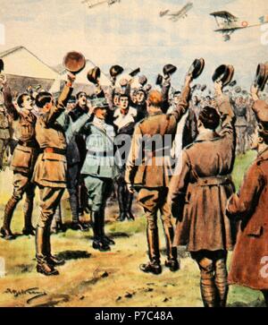 La prima guerra mondiale (1914-1918). La consegna della croce militare di Gabriele d'Annunzio. Soldati britannici sventolando i loro cappelli e urlando un triplo saluto al compagno italiano. Illustrazione in La Domenica del Corriere. Marzo, 1918. Foto Stock