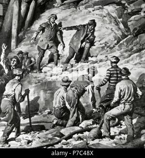 Italia fascista. Lavoratori preparare la demolizione di una collina per costruire il tunnel dell'Appennino, nuova linea ferroviaria Bologna-firenze, uno dei grandi prodezze di ingegneria del regime fascista. Incisione. Foto Stock