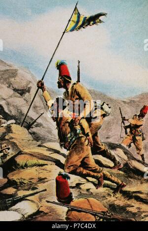 La II Guerra Mondiale (1939-1945). Etiopia. Dopo la sconfitta italiana alla Battaglia di Gondar (1941) Etiopia rimase in mani britanniche, fatta eccezione per la resistenza di migliaia di italiani supportati da indigeni che non ha accettato la rinuncia e continuò a combattere nella regione del Gondar. Incisione di La Domenica del Corriere, Italia. Foto Stock