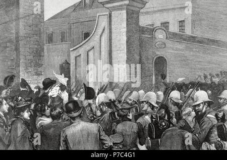 Grande Guerra, 1892. La mobilitazione di un esercito inglese. Truppe provenienti fuori il Portsmouth dyke gate. Incisione di S. legno. La illustrazione artistica, 1892. Foto Stock