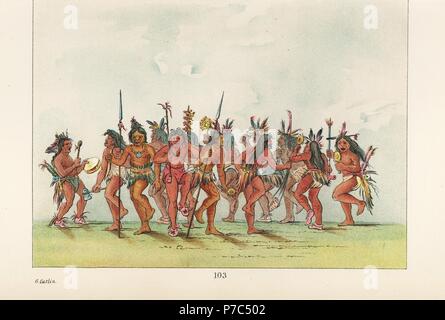 Guerrieri Sioux ballare la Beggar's Dance con lancia, Tomahawk, tubo e rattle, ad un tamburo battuto da un uomo della medicina. Handcolored litografia dal George Catlin's maniere, doganale e le condizioni degli Indiani del Nord America, Londra, 1841. Foto Stock