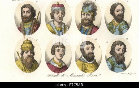 Ritratti di epoca medievale i righelli Russo: Yaroslav il Saggio 6, Sviatoslav I 7, Sviatopolk I 8, Vladimir Monomakh II 9, Yuri HO 10, Ivan II Fiera 11, Dmitri Donskoi 12 e Ivan III Vasilyevich 13. Handcolored incisione su rame da Giarre e Stanghi da Giulio Ferrario costumi dell Antico e Moderno di tutti i popoli del mondo, Firenze, 1847. Foto Stock