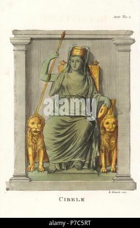 Statua di Cibele, la terra dea madre, seduto sul suo trono di Lion con scettro e corona murale. Handcolored incisione su rame di Luigi Giarre da Giulio Ferrario le antiche e moderne costumi di tutti i popoli del mondo, Firenze, Italia, 1843. Foto Stock