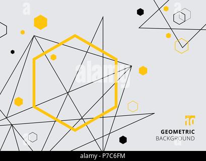 Abstract giallo e nero esagono geometrica con linee su sfondo grigio. Illustrazione Vettoriale. È possibile utilizzare per i vostri siti e blog, banner, poster Illustrazione Vettoriale