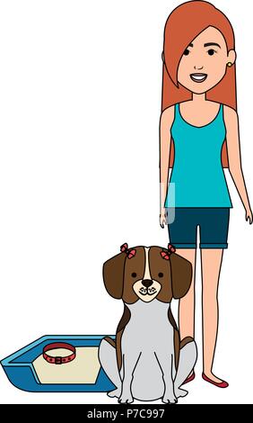 Giovane donna con il cane a letto caratteri illustrazione vettoriale design Illustrazione Vettoriale