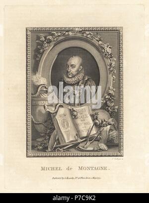 Michel de Montaigne, scrittore francese e saggista. Incisione su rame da Joshua Collyer dalla piastrina di rame rivista mensile o Tesoro, G. Kearsley, Londra, 1775. Foto Stock