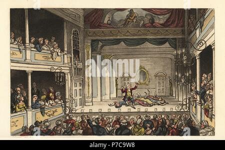 Il Teatro: turisti godendo di un gioco a Scarborough Teatro. Handcolored incisione su rame di Thomas Rowlandson dopo uno schizzo di J. Verde da schizzi poetici di Scarborough, Ackermann, Londra, 1813. Foto Stock