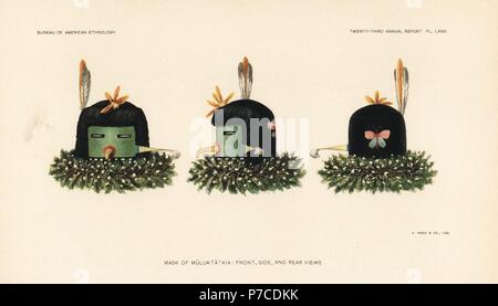 Maschera del Muluktatkia, Zuni nazione. Chromolithograph da agosto Hoen da John Wesley Powell la XXIII relazione annuale del Bureau of American etnologia, Washington, 1904. Foto Stock