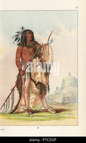 Wun-nes-tou, Bianco Buffalo, uomo medicina del Blackfoot nazione. Handcolored litografia dal George Catlin's maniere, doganale e le condizioni degli Indiani del Nord America, Londra, 1841. Foto Stock