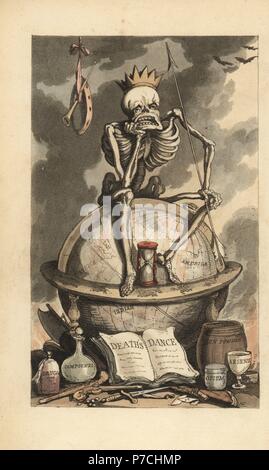 Lo scheletro con corona, lancia e Clessidra seduto su un globo al di sopra di varie armi letali, pistole, coltelli, veleni e droghe. Copperplate Handcolored disegnato e inciso da Thomas Rowlandson dall'inglese Danza della morte, Ackermann, Londra, 1816. Foto Stock