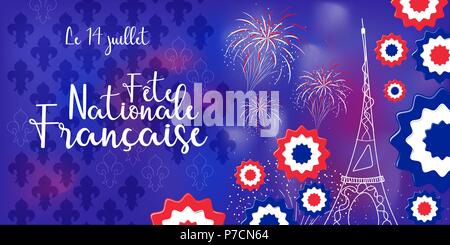 Concetto di celebrazione banner per il giorno della bastiglia in Francia con il 14 luglio e il giorno della Bastiglia testo in francese Illustrazione Vettoriale