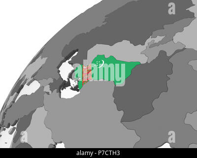 Il Turkmenistan sul grigio globo politico con embedded bandiera. 3D'illustrazione. Foto Stock