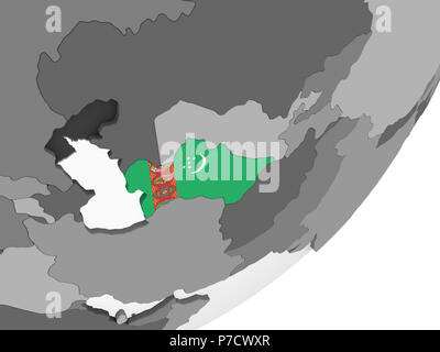 Il Turkmenistan sul grigio globo politico con embedded bandiera. 3D'illustrazione. Foto Stock