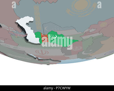 Il Turkmenistan sul globo politico con embedded bandiera. 3D'illustrazione. Foto Stock