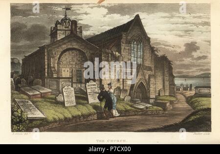 La Chiesa: il vecchio turisti leggendo le lapidi in un cimitero gotico. Handcolored incisione su rame di Thomas Rowlandson, acquatinta da J.C. Stadler, dopo uno schizzo di J. Verde da schizzi poetici di Scarborough, Ackermann, Londra, 1813. Foto Stock