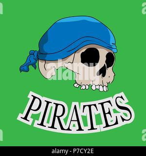 Disegnato a mano il cranio del pirata su uno sfondo verde , illustrazione vettoriale Illustrazione Vettoriale