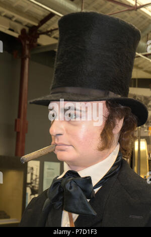 Testa del manichino di Isambard Kingdom Brunel presso il Museo di vapore della Great Western Railway, Swindon, Wiltshire Foto Stock