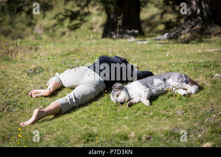 Un escursionista e il suo cane resto insieme su un prato nel Parco Nazionale Hohe Tauern, Kolm Saigurn, Salzburger Land, Austria. Foto Stock