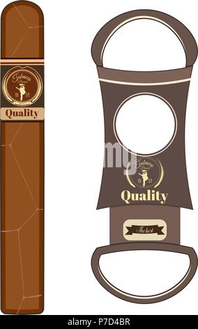 Illustrazione Vettoriale del sigaro cubano con etichetta e coltello da caccia isolati su sfondo bianco. Appartamento di design di stile. Illustrazione Vettoriale