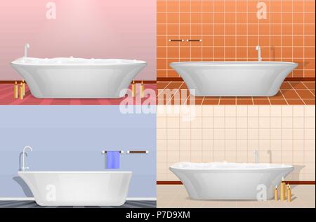 Vasca da bagno interno mockup impostare, stile realistico Illustrazione Vettoriale