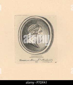 Ritratto di Omero, greco poeta epico, su beryl da Lord Radnor della collezione. Incisione su rame di Thomas Worlidge da James Vallentin di cento e otto Incisioni da gioielli antichi, 1863. Foto Stock