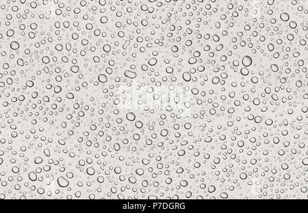 Seamless texture di gocce di acqua sul metallo grigio Sfondo. Varie piccole gocce con ombre sulla vernice metallizzata grigia.vista piana. Abstract chiara acqua indietro Foto Stock