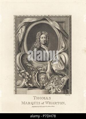 Thomas Wharton, primo marchese di Wharton, immorale nobile Inglese e uomo politico, 1648-1715. Con la sua incisione su rame da William Sharp dopo un dipinto di Sir Godfrey Kneller dalla piastrina di rame rivista mensile o Tesoro, G. Kearsley, Londra, 1778. Foto Stock