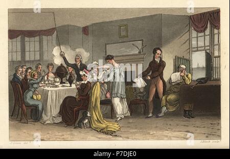 Sala colazione della Old Bell Inn, Scarborough. Gli ospiti di bere caffè, lettura dei giornali e di consumare la colazione in una sala Regency. Handcolored incisione su rame di Thomas Rowlandson, acquatinta da J. Bluck, dopo uno schizzo di J. Verde da schizzi poetici di Scarborough, Ackermann, Londra, 1813. Foto Stock