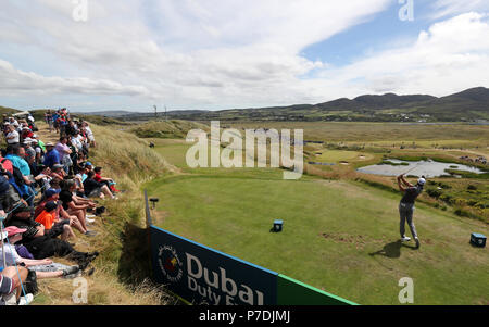 Stati Uniti d'America Peter Uihlein tees off la settima durante il giorno uno del Dubai Duty Free Irish Open a Ballyliffin Golf Club. Foto Stock