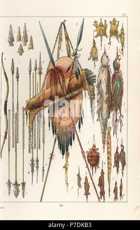 Native American spears, frecce, frecce, archi, faretra e medicina sacchetti di snakeskin, bird pelle, pelle di lontra, ecc. Handcolored litografia dal George Catlin's maniere, doganale e le condizioni degli Indiani del Nord America, Londra, 1841. Foto Stock