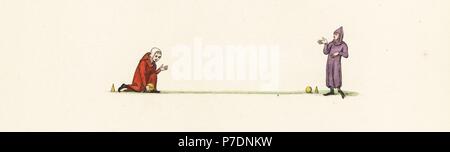 Bowling medievale. Due uomini giocando a bocce con coni di bersaglio o marchi, del XIII secolo. Litografia Handcolored da Joseph Strutt dal proprio sport e svaghi del popolo d'Inghilterra, Chatto e Windus, Londra, 1876. Foto Stock