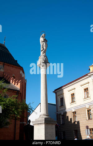 Statua della Beata Vergine Maria su una colonna fuori dalla Cattedrale di Tarnow, Tarnow, Polonia, Europa. Foto Stock