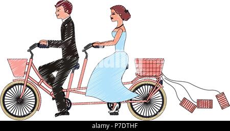 Sposa e lo sposo sulla bicicletta tandem giorno di nozze illustrazione vettoriale disegno Illustrazione Vettoriale