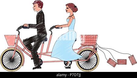 Sposa e lo sposo sulla bicicletta tandem giorno di nozze illustrazione vettoriale disegno Illustrazione Vettoriale