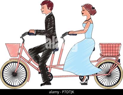 Sposa e lo sposo sulla bicicletta tandem giorno di nozze illustrazione vettoriale disegno Illustrazione Vettoriale