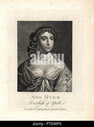 Anne Hyde, duchessa di York e di Albany, prima moglie di re Giacomo II d'Inghilterra. Incisione su rame dopo un ritratto da Sir Peter Lely da William Richardson ritratti che illustra Granger biografico della storia dell'Inghilterra, London, 1792-1812. James Granger (1723-1776) era un ecclesiastico inglese, biografo e collezionista di stampa. Foto Stock