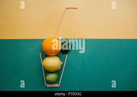 Fotografia concettuale. Limonata di agrumi o di succo da frutta fresca in un bicchiere di tubi Foto Stock
