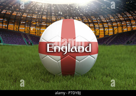 England Football Team palla sul grande sfondo stadium. Squadra dell'Inghilterra il concetto di concorrenza. Inghilterra bandiera sulla sfera torneo in Russia. Sport compe Foto Stock