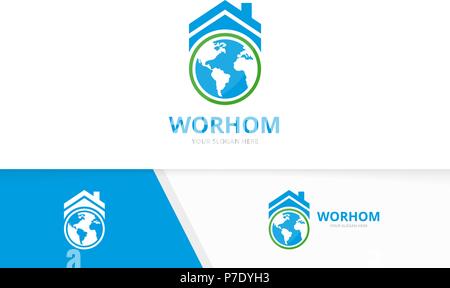 Mondo di vettore e immobiliare di combinazione di logo. La terra e la casa di simbolo o icona. Globo univoco e affitto logotipo di modello di progettazione. Illustrazione Vettoriale