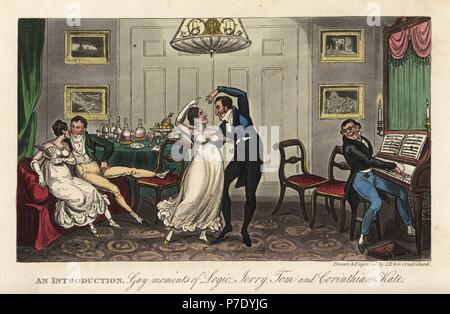 Inglese dandy georgiano e belle ballando un valzer mentre un uomo suona il pianoforte in un salotto. Introduzione: Gay momenti di logica, Jerry, Tom e Kate corinzio. Handcolored incisione su rame da Isaac Robert Cruikshank e George Cruikshank da Pierce Egan la vita in Londra, Sherwood, Jones, Londra, 1823. Foto Stock