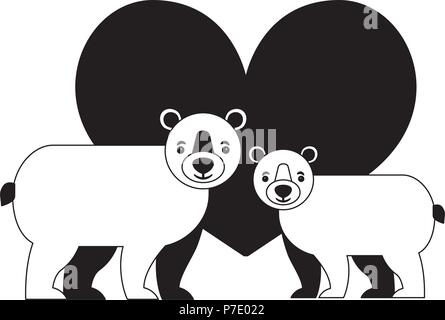 Carino coppia orso grizzly amore nel cuore illustrazione vettoriale in bianco e nero Illustrazione Vettoriale