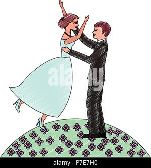 Sposa e lo sposo per celebrare il giorno del nostro matrimonio nel campo dei fiori illustrazione vettoriale Illustrazione Vettoriale