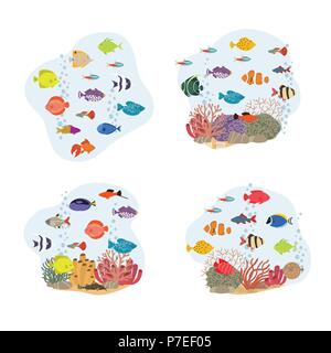 Carino il pesce illustrazione vettoriale set di icone. Pesce tropicale, pesce di mare e pesci di acquario Illustrazione Vettoriale
