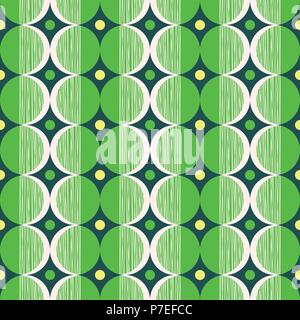 Retrò stile Mod Vector Seamless Pattern con rosso e crema cerchi a trama su sfondo blu scuro. Fresca, elegante Grafica geometrica mid-century stampa Illustrazione Vettoriale