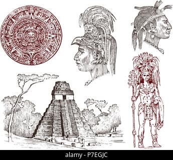 Maya piramide Vintage, ritratto di un uomo, costume tradizionale, il calendario e la decorazione sulla testa. Nativo di cultura azteca. Antico Messico monocromatica. Incisi disegnati a mano il vecchio bozzetto per sfondo etichetta Illustrazione Vettoriale