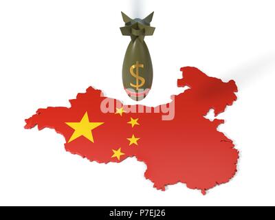 Economia e le guerre commerciali concetto con dollar cambio bomba e Cina Mappa del paese. 3d illustrazione Foto Stock