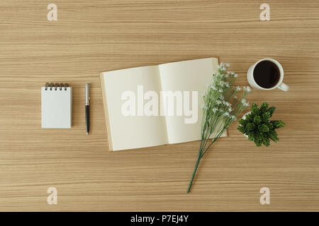 Libro aperto con le pagine in bianco su uno sfondo di legno. Nostalgia rustico con copia spazio. Foto Stock