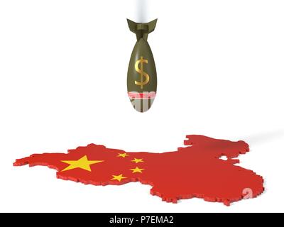 Economia e le guerre commerciali concetto con dollar cambio bomba e Cina Mappa del paese. 3d illustrazione Foto Stock